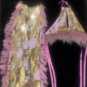 Sequin chaps top 1 of 1 set Gold & pink fringe cowgirl costume, showgirl